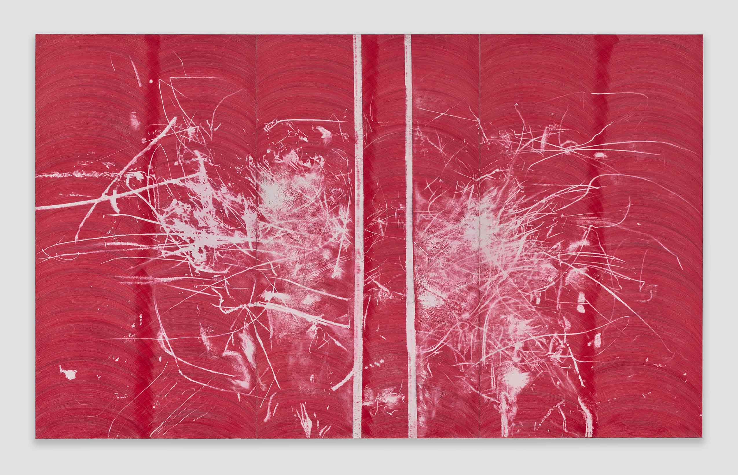 Elise Nguyen Quoc, <i>On ne résout pas les contradictions</i>, 2026. Ballpen on wood panel triptych, 94 1/2 x 155 1/4 x 2 in (240 x 394.5 x 5 cm)